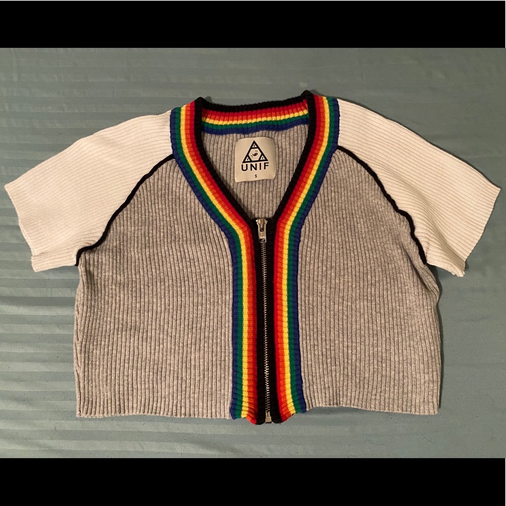 •UNIF• Zip Front Rainbow Trimmed Soft Ribbed Heather Crop Sweater Top 🌈🍭⛅️ - Picture 7 of 10